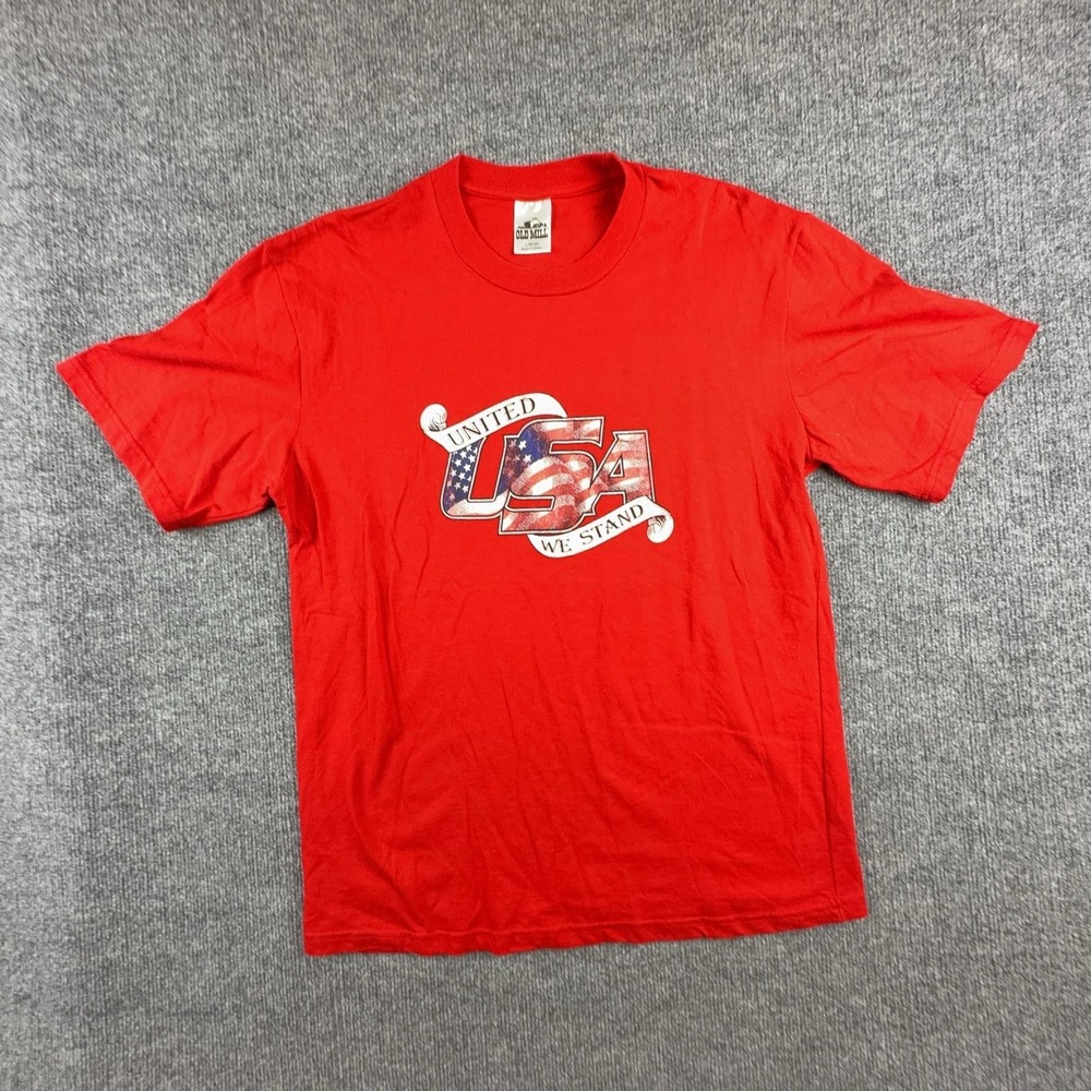 Vintage Old Mill Shirt Mens Large Red USA United We Stand Patriotic Graphic Tee